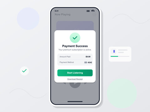 A mobile device screen shows a payment success message for a premium subscription. The amount paid is visible along with payment method details. A button prompts to start listening.