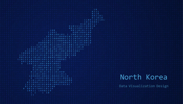 North Korea map made of binary code on tech blue background