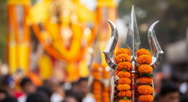 Happy Maha Shivratri Hindu Festival Banner with Shivling and Trishul Design