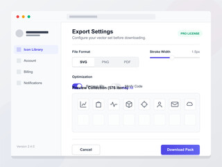A user configures export settings for a vector file collection. The window shows options for file format, stroke width, and a download button at the bottom.