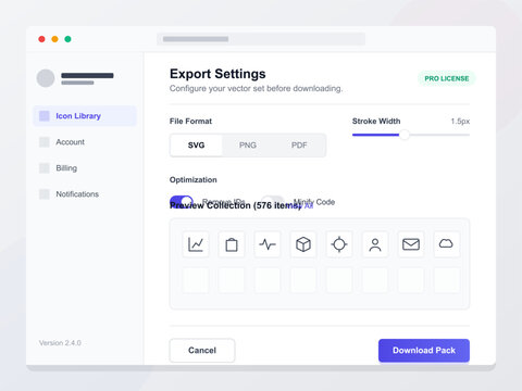 A user configures export settings for a vector file collection. The window shows options for file format, stroke width, and a download button at the bottom.