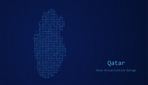 Qatar map made of binary code on tech blue background