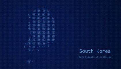 South Korea map made of binary code on tech blue background