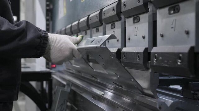 Worker operating sheet metal bending machine in factory