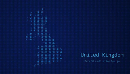 United Kingdom map made of binary code on tech blue background