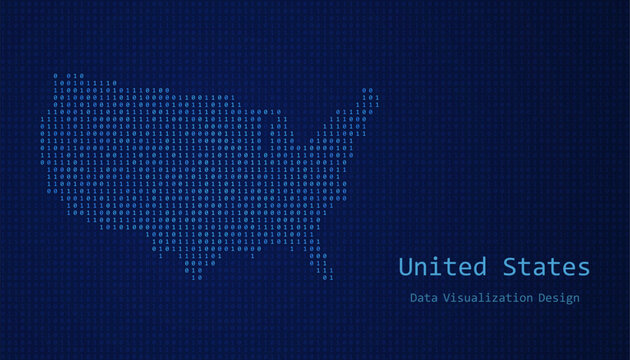 United States map made of binary code on tech blue background