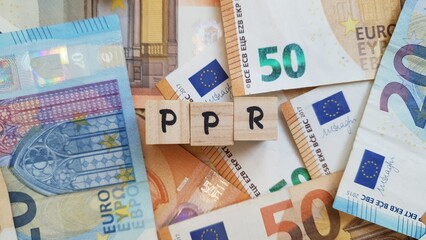 PPR acronym made of wooden letter cubes on pile of Euro banknotes.Plano Poupan&ccedil;a Reforma (Pension Savings Plan)