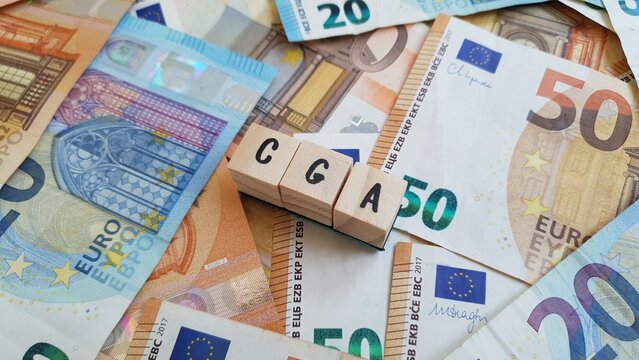 CGA acronym made of wooden letter cubes on pile of Euro banknotes. Caixa Geral de Aposenta&ccedil;oes (General Pension Fund)