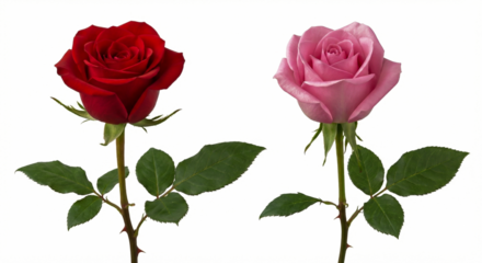 Comparison of a classic red rose and a soft pink rose side by side isolated on white background, symbols of love and friendship concept