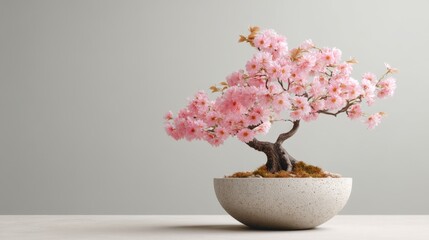 Naklejka premium Pink flowering artificial bonsai tree in a round concrete pot, against a pale grey background. Miniature plant for home decor and spring season decoration.