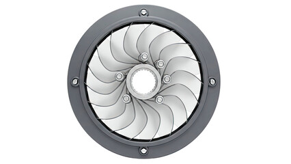 Close-up of a polished metal turbine fan with a grey housing