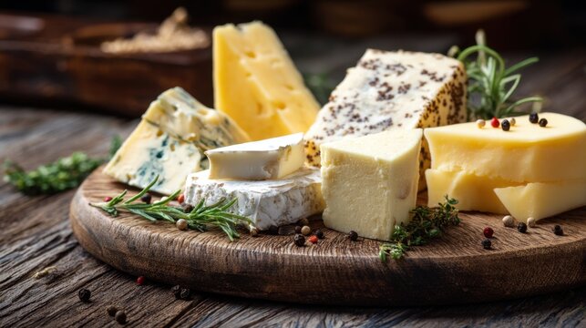 Appetizing cheese platter with different types of cheese slices on a wooden board. Assortment of gourmet dairy products for tasting.