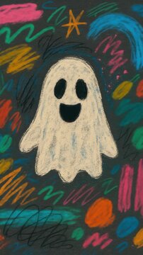 Colorful chalk-style drawing of a smiling ghost on a blackboard. Top-down angle, reminiscent of a playful children's video animation. Live mobile wallpaper.