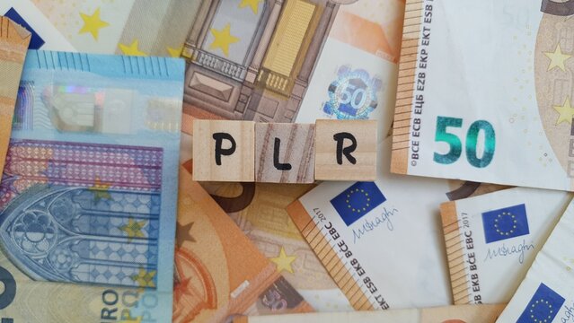 PLR acronym made of wooden letter cubes on pile of Euro banknotes. Plano de Risco de Vida (Life Risk Plan)
