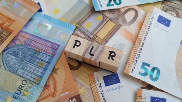 PLR acronym made of wooden letter cubes on pile of Euro banknotes. Plano de Risco de Vida (Life Risk Plan)
