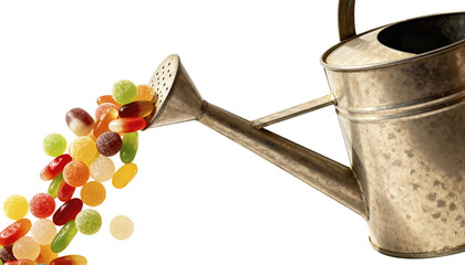 Gummy candies pouring from a metal watering can transparent