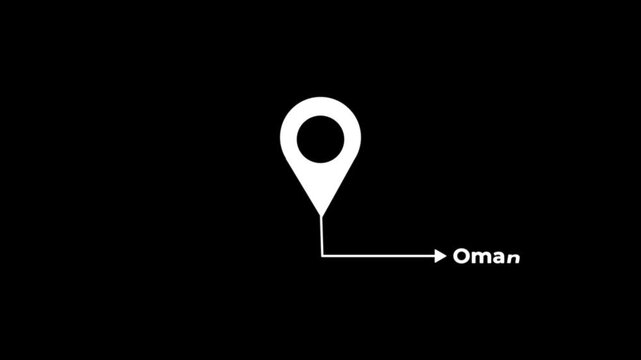 Abstract location of the city of oman on black screen. The name of the place with the location icon animation. Country GPS location tracking icon. location pin appearing.