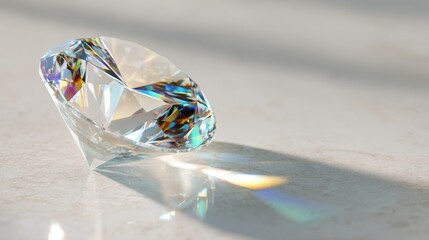 Brilliant cut diamond on a light surface with colorful prism reflections, representing luxury, wealth, and elegance.