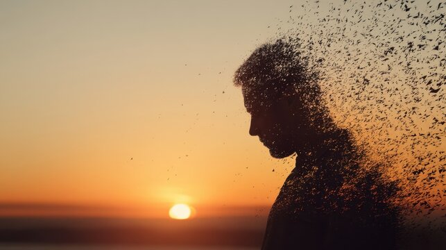 Man silhouette dissolving into particles at sunset. Concept of loss, mental health, grieving, or Alzheimers disease.