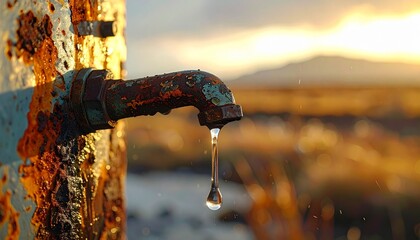 Rusty outdoor faucet dripping water with warm bokeh lights in the background.