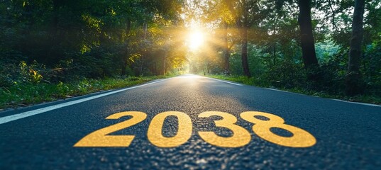 A Journey of Anticipation and Forward Vision on a Black Asphalt Road with Hope for 2038 Ahead