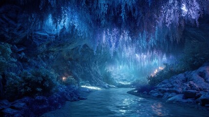 Enchanted blue glowing cave with waterfall and hanging vines. Fantasy underworld concept. Mysterious passage or secret pathway for adventure travel.