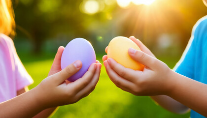 Children's Hands Holding Easter Rainbow Eggs in Front of Sunny Summer Nature
