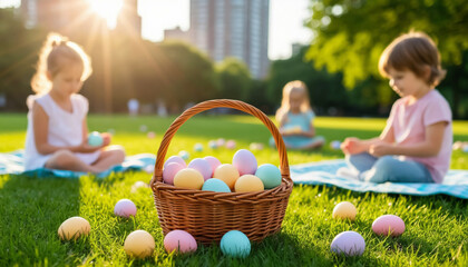 Family Picnic on Green Grass with Children and Easter Eggs Sunny Day