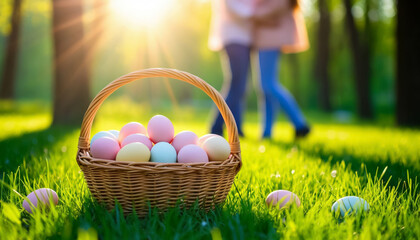 Couple Enjoying Easter Picnic on Green Grass with Colorful Eggs Sunny Weekend