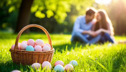 Couple Enjoying Easter Picnic on Green Grass with Colorful Eggs Sunny Weekend