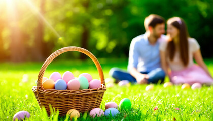 Couple Enjoying Easter Picnic on Green Grass with Colorful Eggs Sunny Weekend