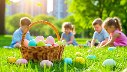 Children Easter Picnic on Green Lawn with Colorful Eggs Holiday Weekend