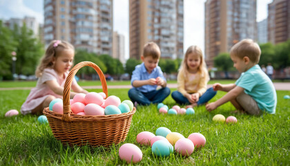 Easter Picnic in Nature with Pastel Eggs Basket and Children Playing on Green Lawn Against Metropolis
