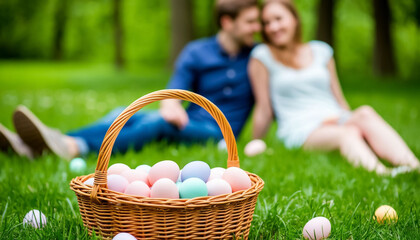 Family Easter Picnic on City Park Lawn Bright Sunny Holiday