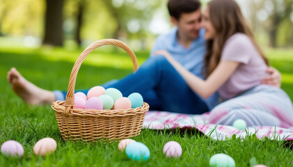 Easter Picnic Basket with Eggs and Romantic Couple on Lawn