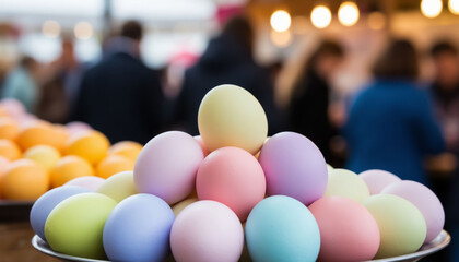 Festive Easter Fair Booth with Assorted Pastel Colored Eggs