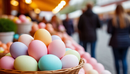 Festive Easter Fair Booth with Assorted Pastel Colored Eggs