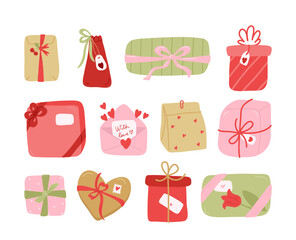 Vibrant festive collection of hand drawn colorful gift boxes with decorative ribbons and bows