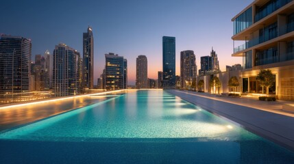 Naklejka premium Infinity pool on rooftop overlooking city skyline at dusk. Luxury urban living concept for high-end travel and modern architecture. Relaxing evening view.