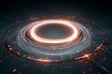 Glowing neon circle with futuristic light trails and energy effects