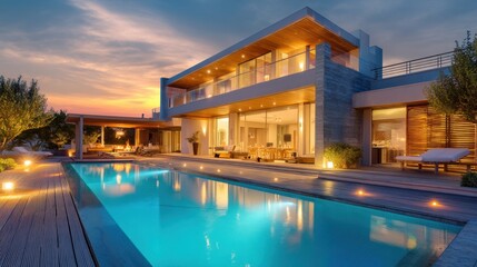 Modern luxury house with a swimming pool and deck at dusk. Contemporary architectural design for real estate and home concept.