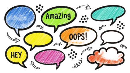 Colorful speech bubbles with amazing and oops text on transparent background