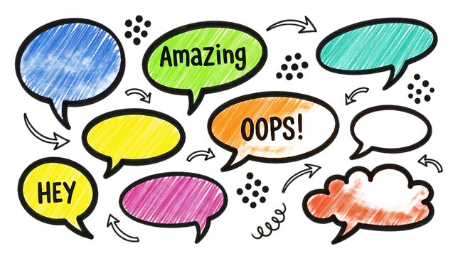 Colorful speech bubbles with amazing and oops text on transparent background