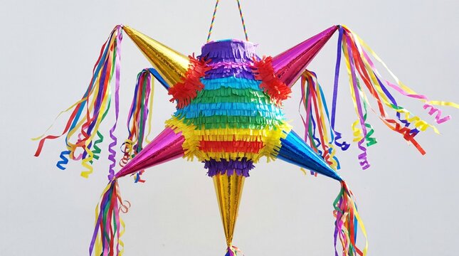 Vibrant rainbow colored pinata adorned with streamers and cones hangs against a clean white background, perfect for festive celebrations and joyful parties.