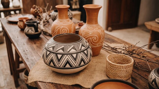 Handmade pottery vases and ceramics displayed on a rustic wooden table with traditional geometric patterns showcasing cultural heritage and craftsmanship.