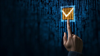 Hand Pressing Blue Checkmark Over Digital Matrix Cascade Symbolizing Cybersecurity Verification