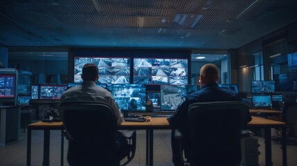 Two men working in a control room, monitoring multiple screens with surveillance footage. Security concept for public safety.