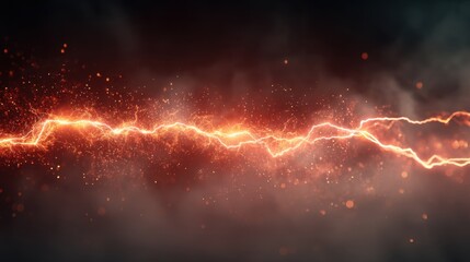 Red lightning bolt with sparks and smoke on dark background. Electrical discharge and power effect in abstract fiery nebula for energy concept.