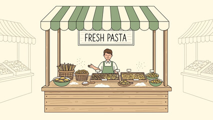 Fresh Pasta Vendor At The Market Stall Selling Various Italian Pasta Dishes