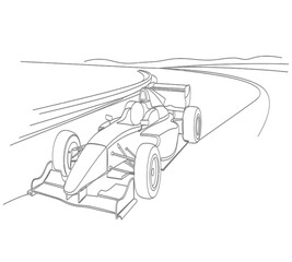 Obraz premium A detailed line drawing depicts a formula one race car speeding around a track